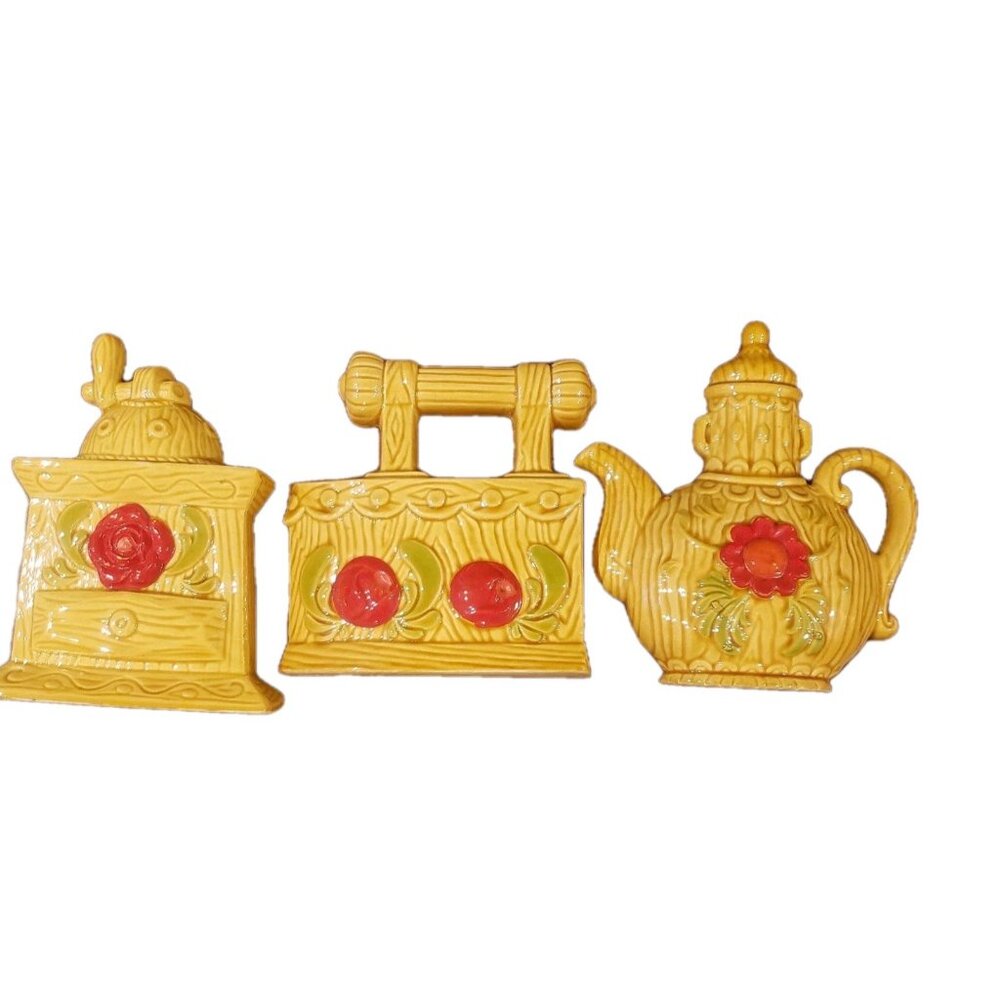 Set 3 Vintage Sexton Cast Wall Hanging MCM 70s Coffee Teapot Yellow Red Flowers